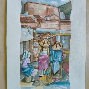 Dipinto originale anni '90 ad acquerello - Scorcio di mercato arabo - Quadro - Opera originale - Disegno