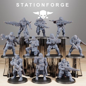 May include: A set of ten grey plastic miniature figures, each holding a weapon, standing on black circular bases. The figures are arranged in a circle on a grey and white background. The text "STATIONFORGE" is at the top of the image.