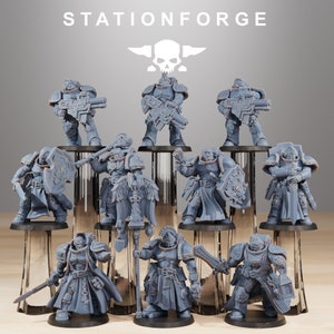 May include: A collection of ten grey plastic miniature figures of space warriors, some holding weapons, others holding shields. The figures are arranged in a row on a white surface. The figures are all wearing armour and helmets. The figures are all standing on a base. The figures are all painted in a grey colour. The figures are all about 3 inches tall. The figures are all part of a game called "Stationforge".