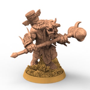 May include: A brown miniature figurine of a bull-like creature with a wooden club, wearing a headdress with a carved face. The figurine is standing on a brown base.