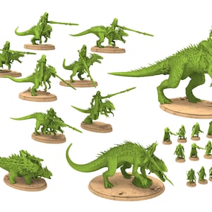May include: A set of green plastic miniature figures of warriors riding dinosaurs. The set includes a variety of dinosaurs, including a large, three-headed dinosaur. The figures are all in a fighting pose, with swords and spears.