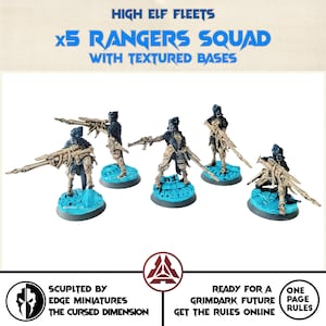 May include: Five painted miniature figures of High Elf Rangers, each holding a rifle and standing on a textured blue base. The figures are part of a squad of five, as indicated by the text "x5 RANGERS SQUAD".