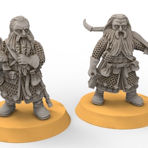Può includere: Due miniature di nani dipinte di grigio, una tiene un rotolo e un elmo, l'altra tiene una spada e uno scudo. Entrambe indossano un'armatura a maglia e hanno lunghe barbe bianche.