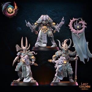 May include: Miniature figurines of fantasy characters in armor, holding weapons and banners. The figures are painted in shades of blue, white, and gold, with intricate details. The Lost Kingdom miniatures logo is visible.