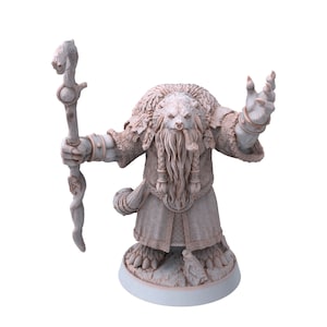 以下が含まれることがあります： 長いひげと杖を持った毛皮で覆われた人間のような生き物のミニチュアフィギュア。生き物はローブを着ており、熊のような顔をしています。フィギュアは茶色と白の色の組み合わせで塗られています。