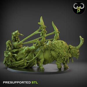 Può includere: Una miniatura stampata in 3D verde di una creatura che tira un carro con diverse figure. La creatura ha un corpo grande e peloso e delle corna. Il carro è di legno e ha una corda attaccata. Le figure sono piccole e sembrano stare sul carro. La miniatura è pre-supportata per la stampa 3D.