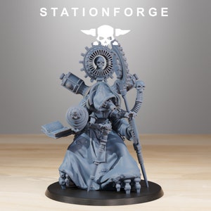 May include: A grey 3D printed miniature of a hooded figure with a mechanical arm and a skull-shaped head. The figure is holding a book and a staff. The figure is standing on a round base. The figure is wearing a long robe and a gas mask. The figure is surrounded by gears and other mechanical parts. The figure is from the game "Stationforge".