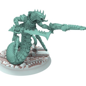 May include: A teal green miniature figurine of a reptilian creature with a long tail, holding a gun and a sword. The figurine is standing on a circular base with intricate details.