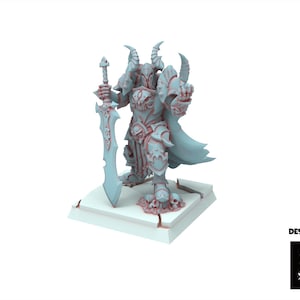 May include: A detailed, gray, 3D printed miniature of a horned, armored warrior holding a large sword. The miniature is standing on a square base with a cracked surface. The miniature is designed by The Beholder Miniatures.