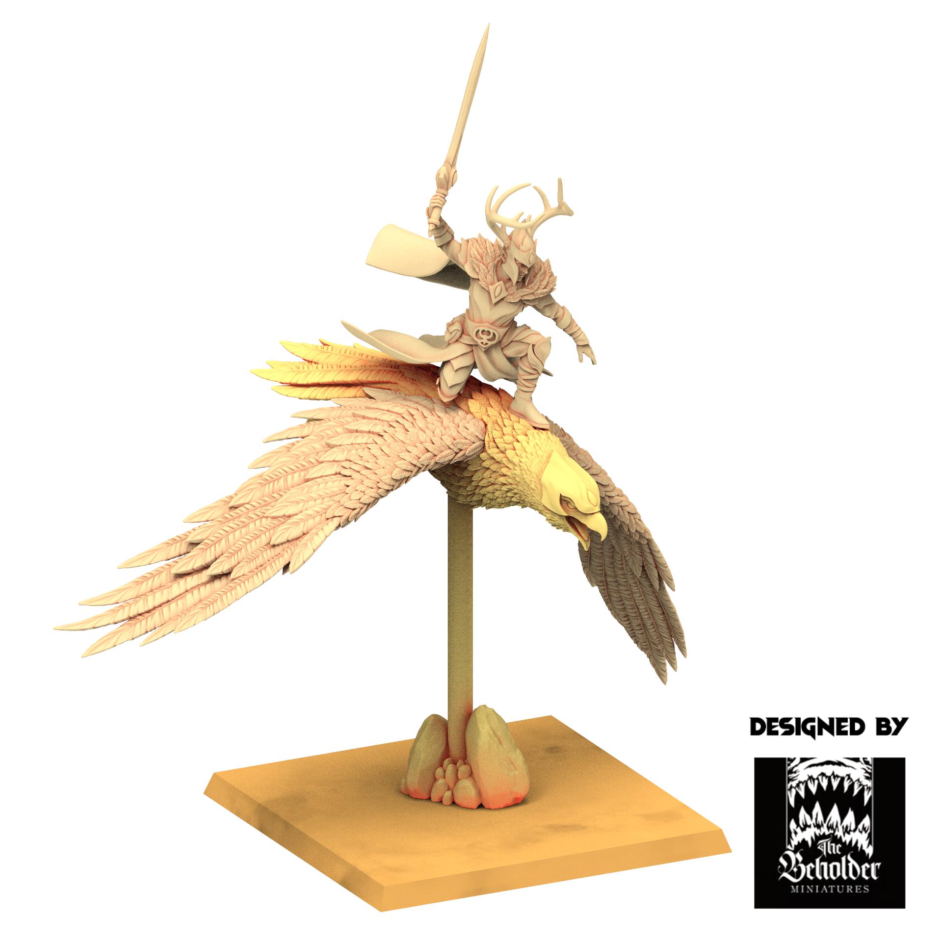 Sylvan Elves - Faelar Commander on Eagle - Evergreen Elves - The Beholder Miniatures