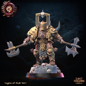 May include: A detailed miniature figure of a warrior wearing gold and brown armor, holding two axes. The figure is standing on a base with skulls and the text "Legion of Skulls Vol 1" is visible below the base.