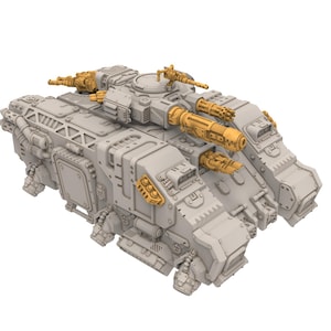 May include: A grey plastic model of a futuristic tank with multiple cannons and details. The tank has a grey and gold colour scheme.