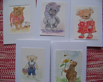 Hand-painted cards "Teddy Bears" as a set of 5