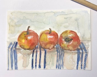 Drei Äpfel -Miniatur- Aquarell als Karte