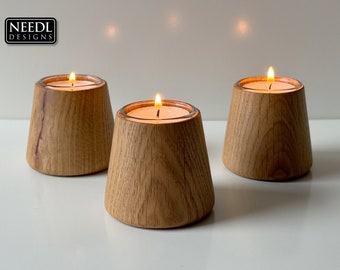 Oak tea light holders | Set of three | Glass insert included | Hand turned | Contemporary