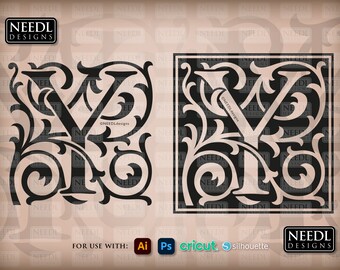 Puede incluir: Un diseño gráfico en blanco y negro de la letra Y con detalles florales ornamentados. El diseño se muestra en dos versiones, una con un borde cuadrado y otra sin. El texto "NEEDL DESIGNS" aparece en la parte superior e inferior de la imagen.