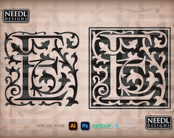 Puede incluir: Dos imágenes en blanco y negro de la letra F en una fuente decorativa y adornada. La letra está rodeada de un diseño floral. La primera imagen es de la letra F sola, mientras que la segunda imagen es de la letra F en un marco cuadrado. El texto "NEEDL DESIGNS" aparece en la parte superior e inferior de la imagen.