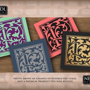 May include: Four digital designs of a decorative letter I in a square frame with a floral pattern. The designs are in different colors: purple, gray, gold, and black.