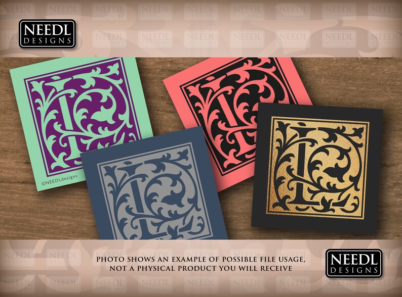May include: Four digital designs of a decorative letter I in a square frame with a floral pattern. The designs are in different colors: purple, gray, gold, and black.