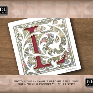 May include: A digital design featuring a white letter L with a red and gold outline, set against a background of a floral pattern in shades of green, blue, yellow, and red.