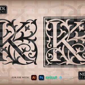 May include: Two black and white versions of a decorative letter K with ornate floral designs. The letter K is in a square frame in one version and without a frame in the other. The text "NEEDL DESIGNS" appears at the top and bottom of the image. The text "FOR USE WITH: Ai Ps cricut silhouette" appears at the bottom of the image.