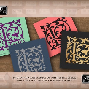 May include: Four different color variations of a decorative letter L monogram design. The letter is surrounded by ornate floral details. The colors are purple, black, gray, and gold.