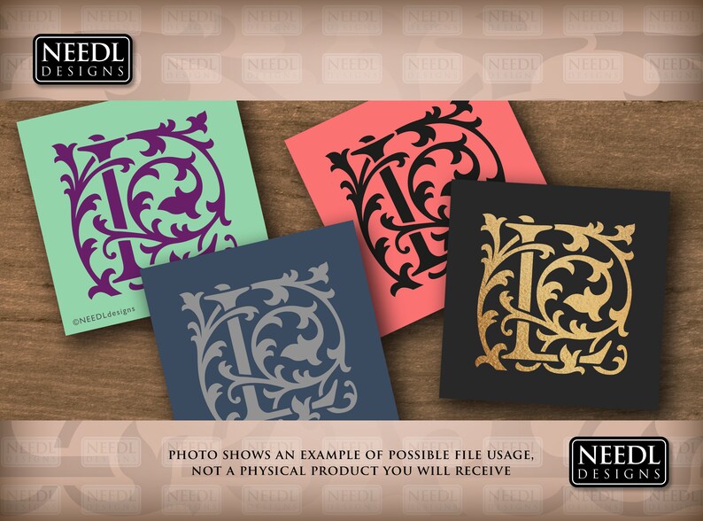 May include: Four different color variations of a decorative letter L monogram design. The letter is surrounded by ornate floral details. The colors are purple, black, gray, and gold.