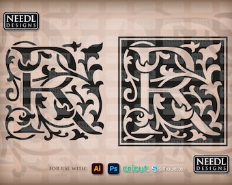 William Morris style letter R cut file | monogram initial cricut silhouette lightburn glowforge | svg eps dxf png pdf | instant download