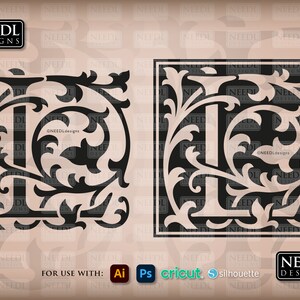 May include: A black and white image of the letter L with ornate floral designs. The letter is surrounded by a black square frame. The image is labeled "NEEDL DESIGNS" and "FOR USE WITH: Ai Ps cricut silhouette".