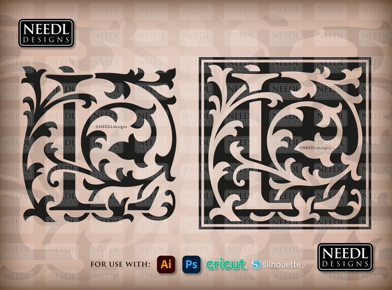 May include: A black and white image of the letter L with ornate floral designs. The letter is surrounded by a black square frame. The image is labeled "NEEDL DESIGNS" and "FOR USE WITH: Ai Ps cricut silhouette".