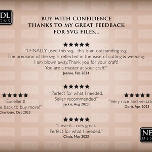 May include: A beige background with the text "NEEDL DESIGNS" in black. The text "BUY WITH CONFIDENCE THANKS TO MY GREAT FEEDBACK FOR SVG FILES..." is in black. Five stars are displayed below the text. The text "I FINALLY used this svg... this is an outstanding svg! The precision of the svg is reflected in the ease of cutting & weeding. I am blown away. Thank you for your craft! You are a master at your craft!" is in black. The text "Jeanne, Feb 2024" is in black. Five stars are displayed below the text. The text "Excellent! Will be back to buy more!" is in black. The text "Charlotte, Oct 2023" is in black. Five stars are displayed below the text. The text "Perfect for what I needed. Seller recommended" is in black. The text "Jackie, Aug 2023" is in black. Five stars are displayed below the text. The text "Very nice and versatile file." is in black. The text "Doris, Apr 2023" is in black. Five stars are displayed below the text. The text "Love it... cuts great. Perfect for what I needed." is in black. The text "Cinda, May 2023" is in black. The text "NEEDL DESIGNS" is in black.