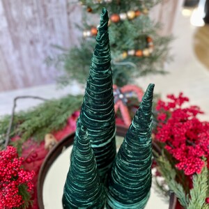 Set of 3 Green Velvet cone Trees, Rustic Home Decor, Holiday Minimal Tabletop Decor, Winter Wedding Decor, Modern Farmhouse Christmas Decor