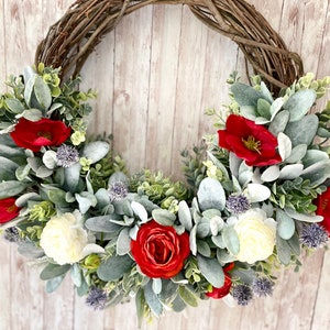 Red and White Ranunculus  Wreath Year Round Lambs Ear Farmhouse Wreath. Front Door Decor