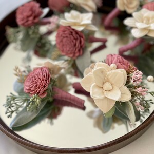 Sola Wood Flower Boutonniere, Grooms Flower, Garden Wedding flowers, Grooms boutonniere, Dusty Pink and Ivory Boutonniere. image 6