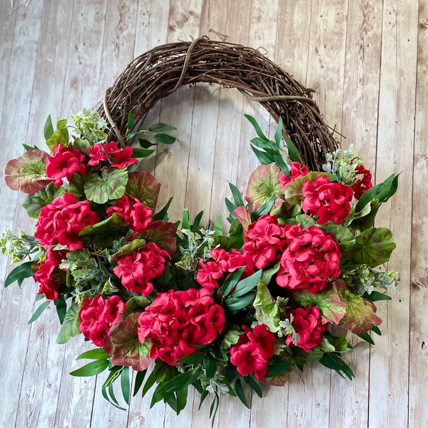 Red Geranium Wreath, Farmhouse Wreath, Front Porch Decor, Summer Wreath, Spring Wreath, Rustic wreath