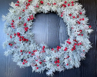Christmas Wreath for Front Door, Frosted Pine Holiday Wreath, Flocked Mix Pine Indoor Outdoor Wreath, Red Berry Winter Wreath