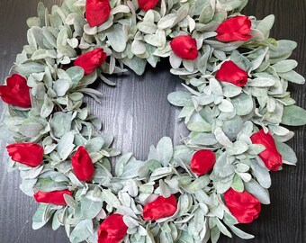 Mother’s Day Gift Spring Tulip Wreath Easter Wreath Lambs Ear wreath for Front Door Summer Front Porch Decor Housewarming Gift