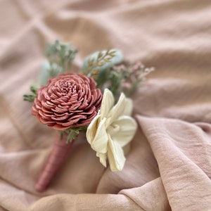 Sola Wood Flower Boutonniere, Grooms Flower, Garden Wedding flowers, Grooms boutonniere, Dusty Pink and Ivory Boutonniere. image 8