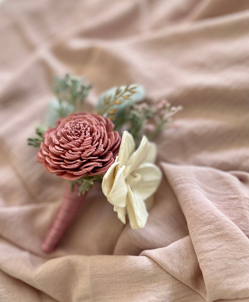 Sola Wood Flower Boutonniere, Grooms Flower, Garden Wedding flowers, Grooms boutonniere, Dusty Pink and Ivory Boutonniere. image 8