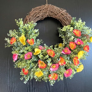 Mother's Day gift Pink Yellow and Orange Poppy Wreath Spring and Summer Wreath  Front Door Decor