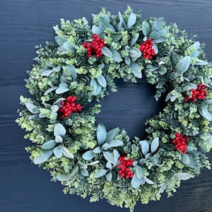 Red Berry Christmas Wreath,, Boxwood Wreath, Lambs Ear Wreath, All Season Wreath, Christmas Wreath for Front Door, Farmhouse Wreath
