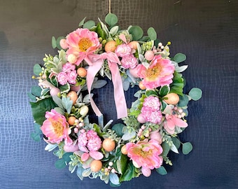 Easter Egg Wreath with Lamb's Ear and eucalyptus for Front Door, Easter Egg Farmhouse Wreath, Pastel Easter Wreath with Pink Velvet Ribbon