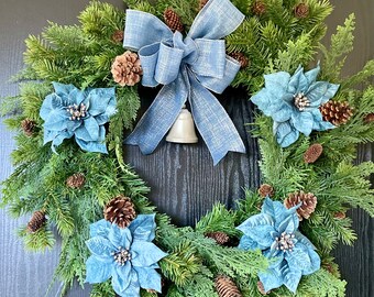 Christmas Wreath for Front Door,  Real Touch Winter Green Holiday Wreath, Mix Pine Indoor Outdoor Wreath, Blue poinsettia Xmas Wreath