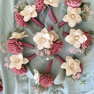 Sola Wood Flower Boutonniere, Grooms Flower, Garden Wedding flowers, Grooms boutonniere, Dusty Pink and Ivory Boutonniere. image 4