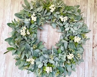Mother’s Day Gift Easter Wreath for Front Door Spring Lambs Ear wreath Summer Front Porch Decor Farmhouse Wreath Front Door Wreath