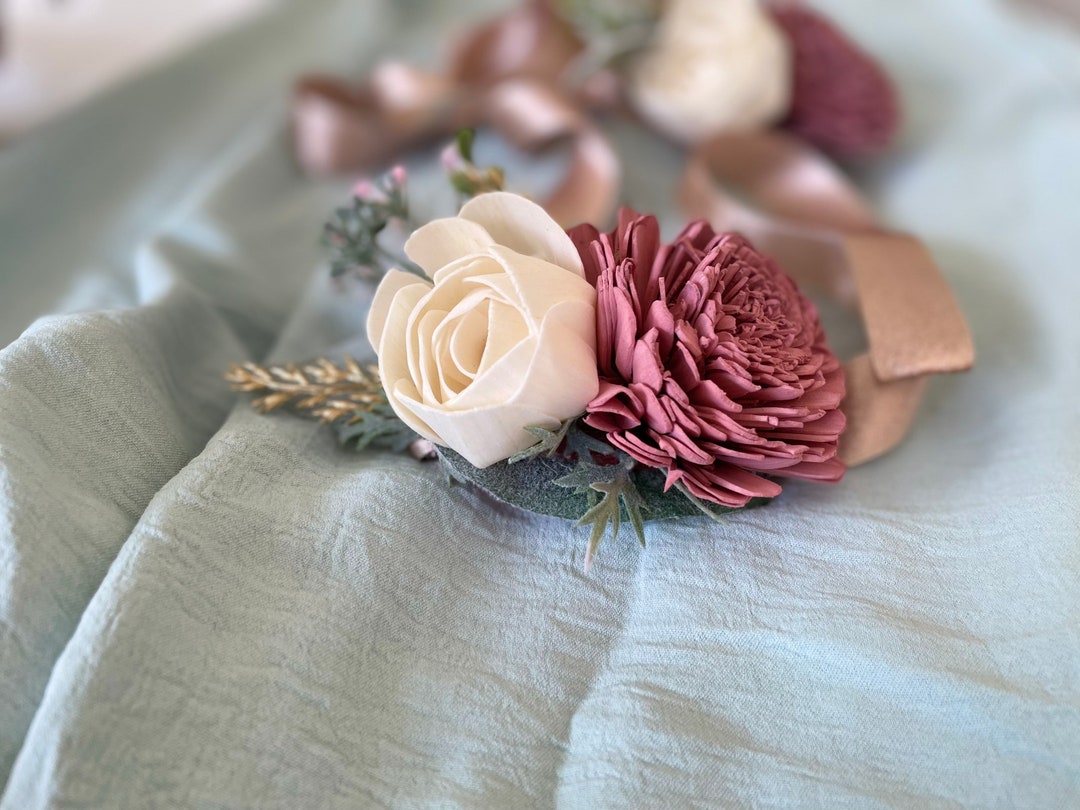 Dusty Pink and Ivory Sola Wood Wrist Corsage, Wood Flower Corsage