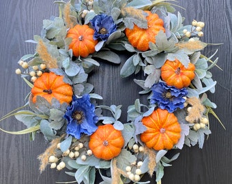 Blue Poppies and Orange Pumpkin Fall Wreath, Autumn Wreath Front Door Wreath, Rustic Farmhouse  Indoor/Outdoor Wreath