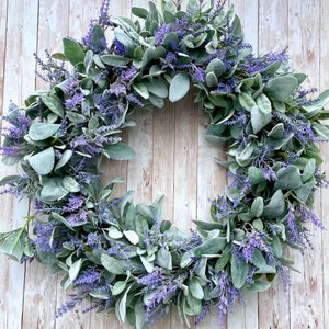 Lambs Ear Farmhouse Wreath. Spring and Summer Wreath.  Wedding Wreath, Lavender Front Door wreath.