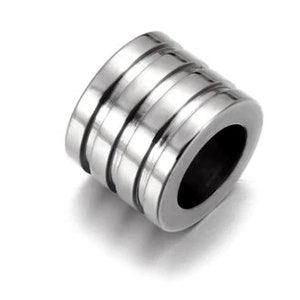 May include: Silver-toned metal bead with a cylindrical shape and multiple grooves around the circumference.