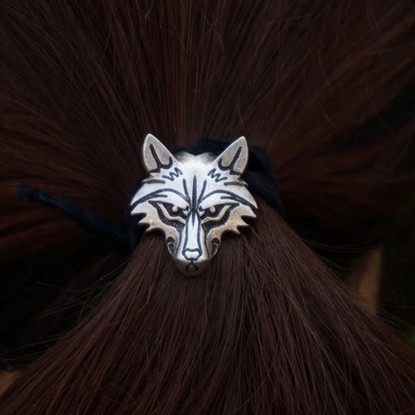 Silver Wolf Head Hair and Beard Band With Stretchy Band